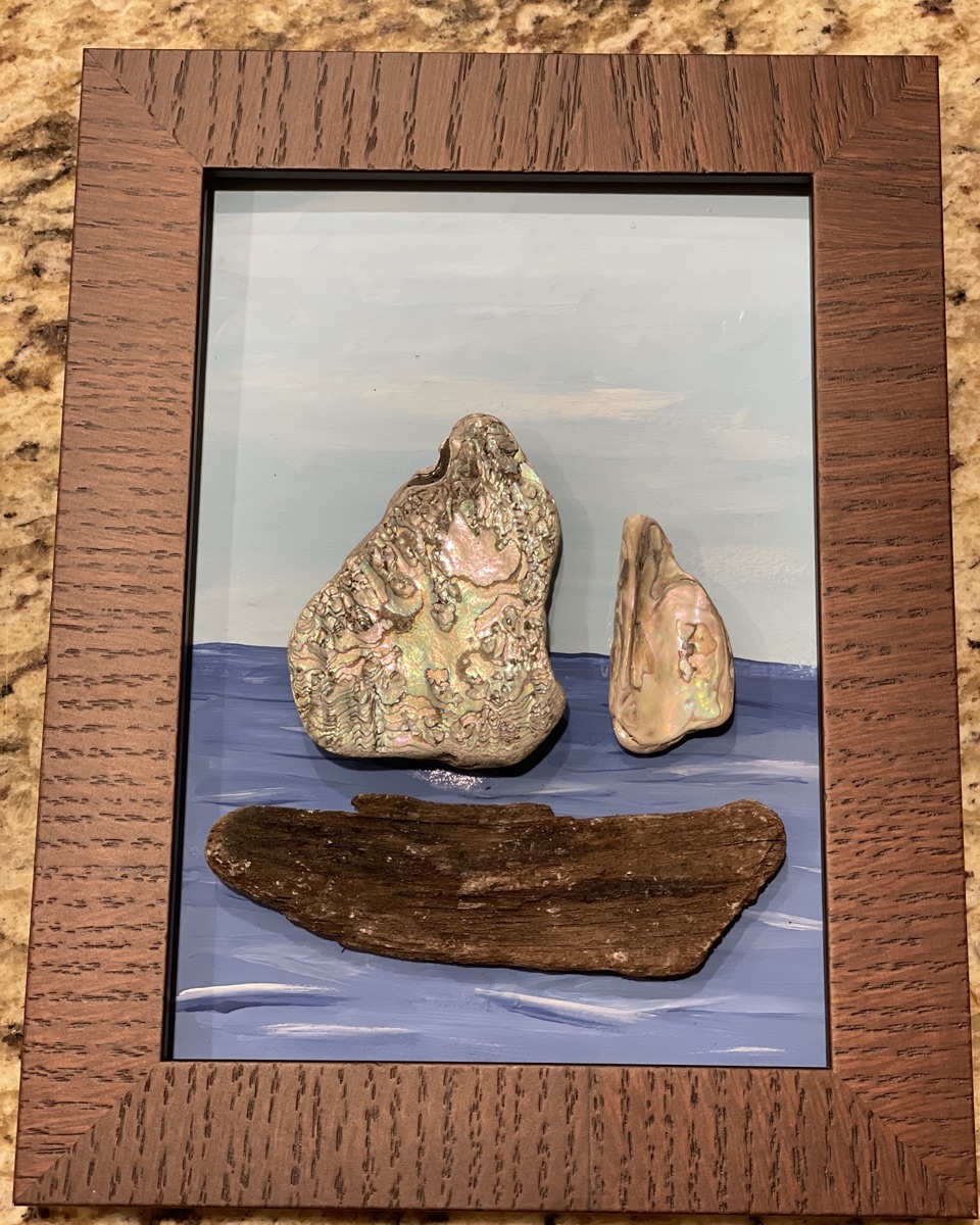 Abalone Sailboat Painting, Walnut Frame