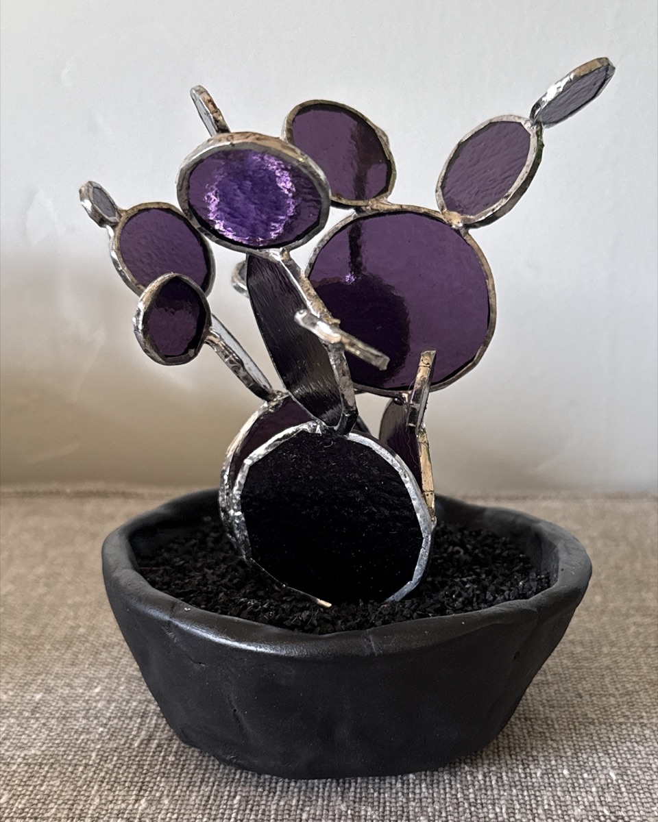 Purple Prickly Pear in Black Ceramic Vase